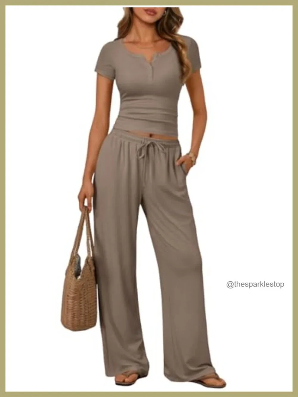 Women's 2-Piece Lounge Set with Pockets, 92% Rayon 8% Spandex, Henley Crop Top